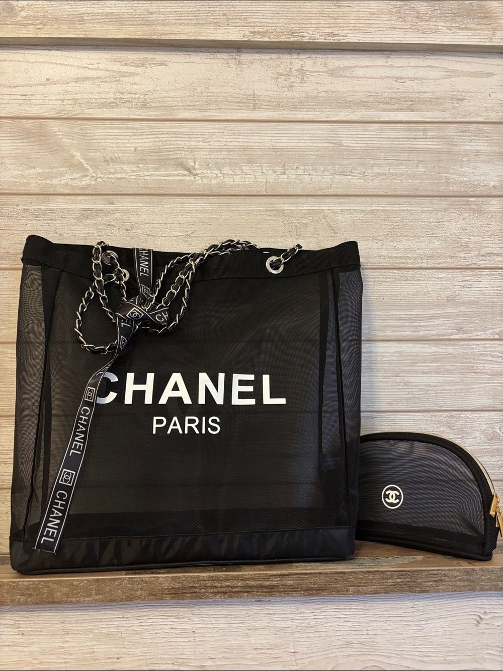 Chanel mesh tote with matching makeup bag